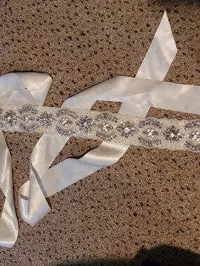 Embellished Satin Bridal Sash Belt - White with Silver Accents